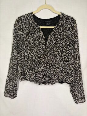 Gold Speckled Black and White Floral Blouse -  Casual, Date, Romantic Feminine L